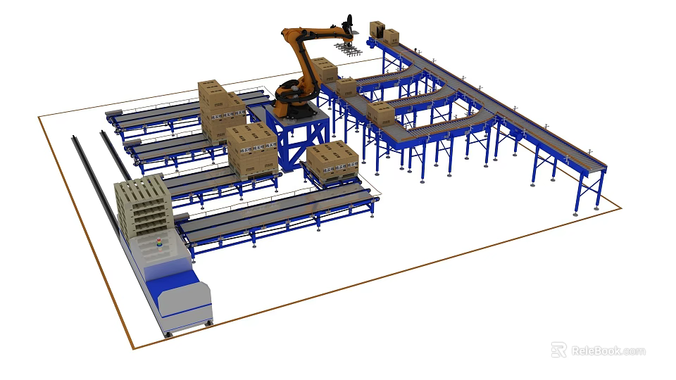 Automated Industrial Equipment System Featuring Robotic Arm And Conveyor Belts For Carton Handling 3d model 
