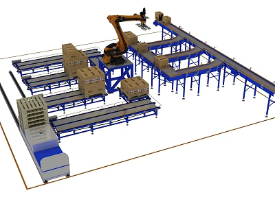 Automated Industrial Equipment System Featuring Robotic Arm And Conveyor Belts For Carton Handling 3d model