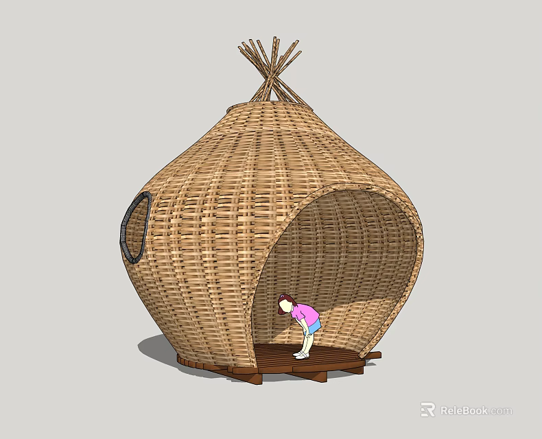 Round Shaped Handwoven Wicker Hut Structure With Person Inside Natural Design Elements 3d model