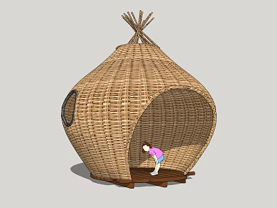 Round Shaped Handwoven Wicker Hut Structure With Person Inside Natural Design Elements 3d model