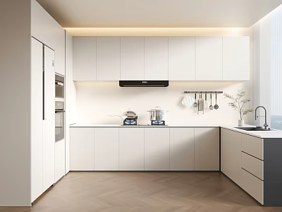 Modern Kitchen Interior Design With White Cabinets Island Counter And Appliances 3d model