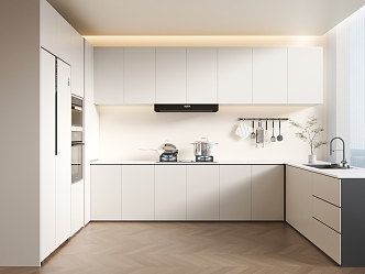 Cream Style Kitchen Minimalist Kitchen Cabinet High Cabinet Steaming Oven Refrigerator 3d model