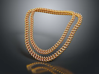 Elegant Crystal Chandelier Featuring Gold Double Row Chain With Reflective Effect On Dark Background 3d model