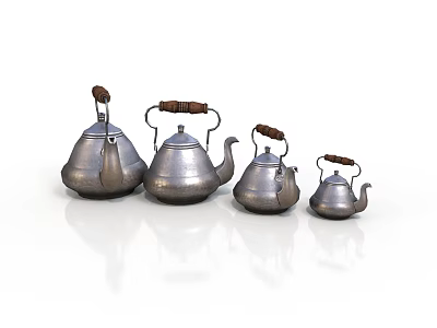 Set of Silver Teapots with Wooden Handles in Various Sizes Arranged Neatly 3d model