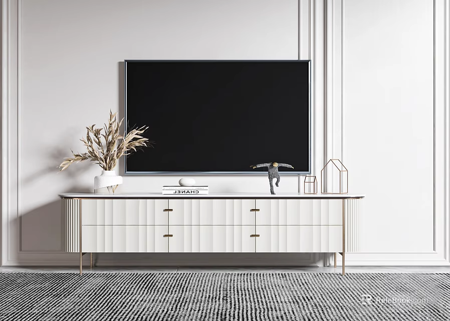Modern White TV Stand With Gold Legs Drawers Television And Decorative Vase With Dried Plants 3d model 