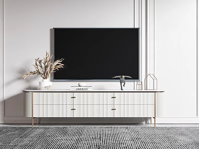 Modern White TV Stand With Gold Legs Drawers Television And Decorative Vase With Dried Plants 3d model