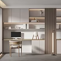 Modern Study Room Interior With Wooden Shelves Desk Computer Chair Green Plant And Lighting Strips