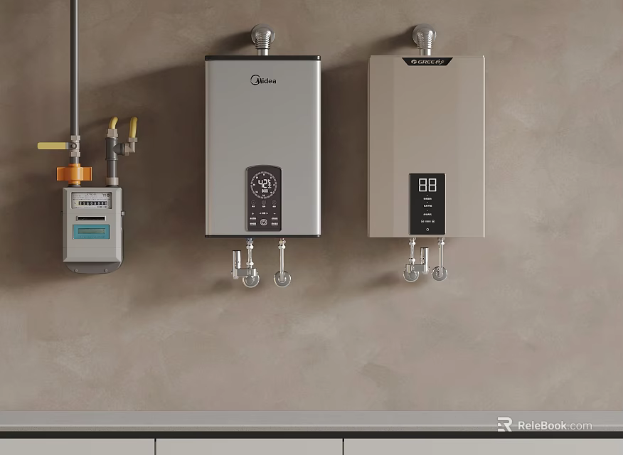 Midea Gas Water Heaters And Gas Meter Mounted On Kitchen Wall For Kitchen Appliances 3d model 