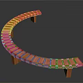 Curved Wooden Bench In Natural Outdoor Scene With Solid Wood Slats And Support Legs