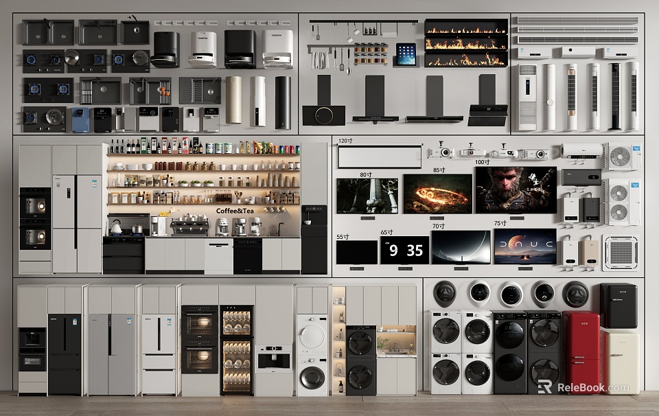 Modern Kitchen Appliances Display With Variety Of Stylish Ovens Refrigerators And Cabinets 3d model 