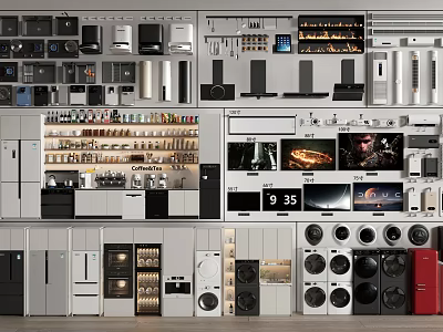 Modern Kitchen Appliances Display With Variety Of Stylish Ovens Refrigerators And Cabinets 3d model