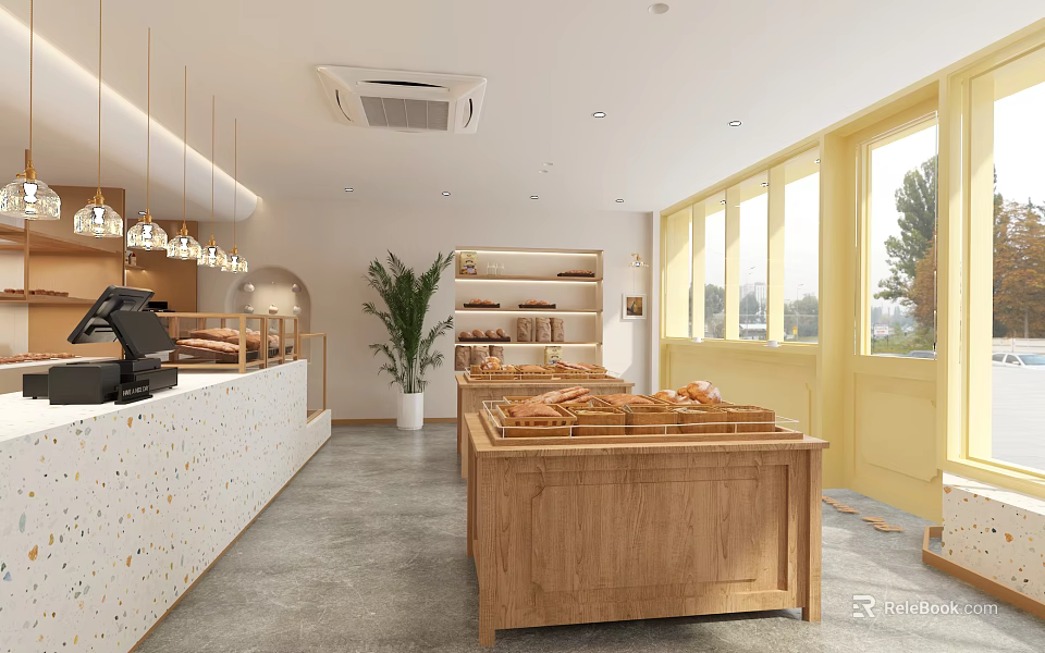 Cozy Dessert Shop Interior With Wooden Display Counter Fresh Bread Green Plant And Yellow Windows 3d model 