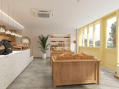 Cozy Dessert Shop Interior With Wooden Display Counter Fresh Bread Green Plant And Yellow Windows 3d model