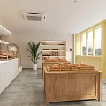 Cozy Dessert Shop Interior With Wooden Display Counter Fresh Bread Green Plant And Yellow Windows