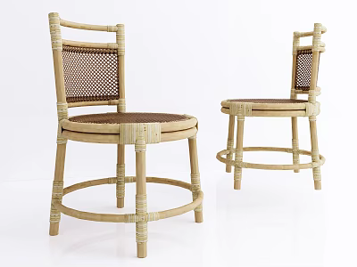 Natural Rattan Leisure Chairs With Woven Back And Round Wooden Base Design 3d model