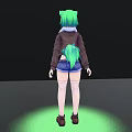 Woman With Green Hair Cat Ears Wearing White Top Blue Denim Shorts Brown Jacket