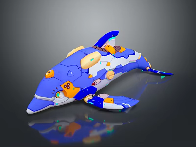 3D Rendered Mechanical Dolphin Robot Character With Blue White Body And Orange Green Accents 3d model