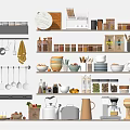 Assorted Kitchen Utensils Collection With Hanging Tools Shelves Pots Bowls And Storage Jars