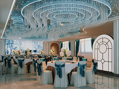 Luxurious Banquet Hall With Crystal Chandeliers Round Tables Blue White Tablecloths Arched Doors Floral Decor 3d model