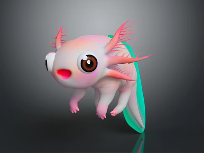 Cute Pink Axolotl Inspired Game Character With Big Eyes And Green Tail 3d model