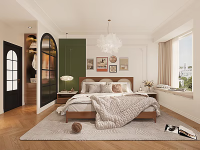 Modern Bedroom Interior With Wooden Bed Headboard Pendant Light And Area Rug 3d model