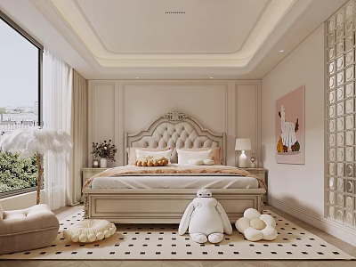 Elegant Bedroom With Tufted Headboard Large Window Greenery And Stuffed Toys On Carpet 3d model