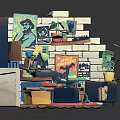 Colorful 3D Creative Room Interior With Keyboard Table Chair Poster And Plants