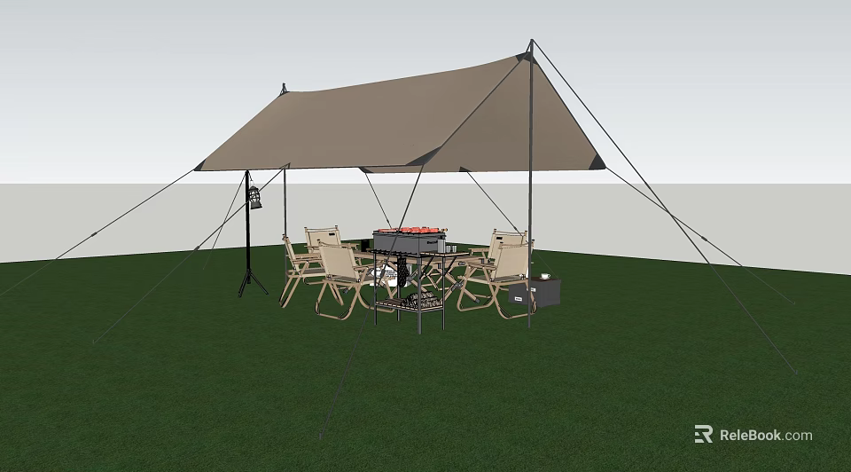 Scenic Outdoor View With Brown Tarp Tent Folding Chairs Table And Grill On Green Grass 3d model 