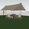 Scenic Outdoor View With Brown Tarp Tent Folding Chairs Table And Grill On Green Grass