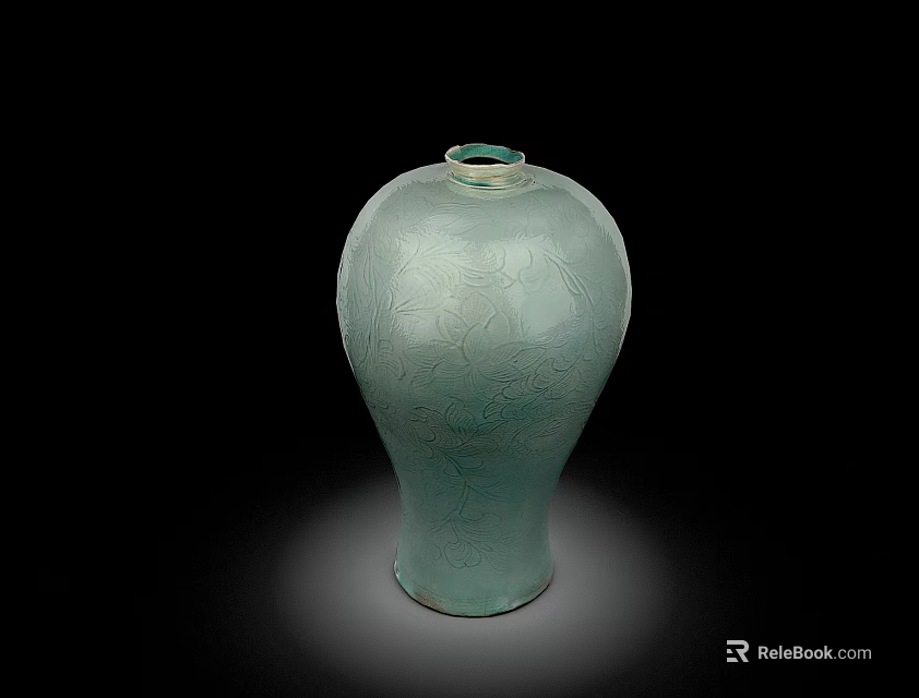 Elegant Celadon Ceramic Vessel With Intricate Carved Patterns On Black Background 3d model 