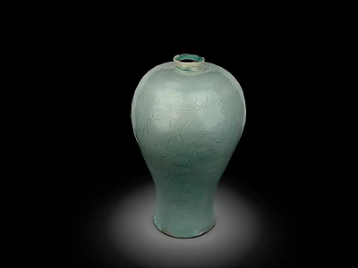 Elegant Celadon Ceramic Vessel With Intricate Carved Patterns On Black Background 3d model