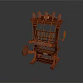 Vintage Traditional Wooden Loom with Blue Threads and Rotating Wheel Mechanism