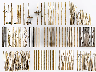 Various Rustic Wooden Fence Designs With Natural Branch and Slat Details 3d model
