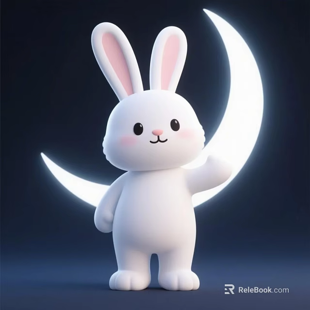 Cute White Rabbit Game Character Standing By Glowing Moon With Waving Hand 3d model 