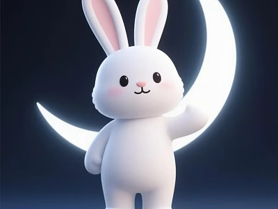 Cute White Rabbit Game Character Standing By Glowing Moon With Waving Hand 3d model
