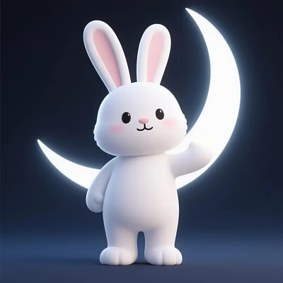 Cute White Rabbit Game Character Standing By Glowing Moon With Waving Hand 3d model