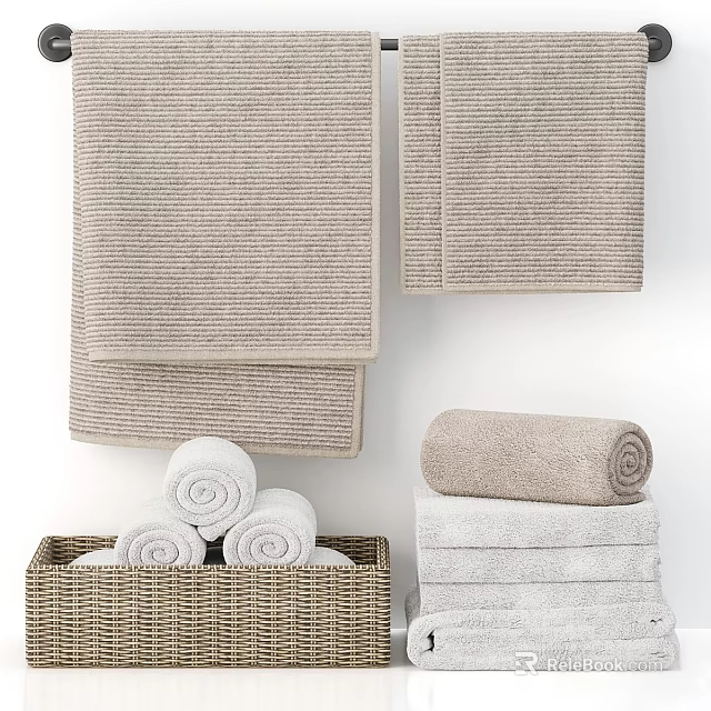 Beige and White Textured Cotton Towels Stacked and Rolled in Woven Basket 3d model 