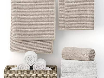 Beige and White Textured Cotton Towels Stacked and Rolled in Woven Basket 3d model