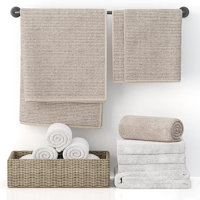 Beige and White Textured Cotton Towels Stacked and Rolled in Woven Basket 3d model