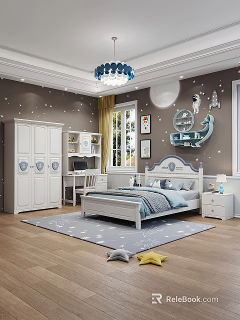 Kids Bed With White Frame Blue Accents Star Moon Wall Decor And White Wardrobe 3d model 