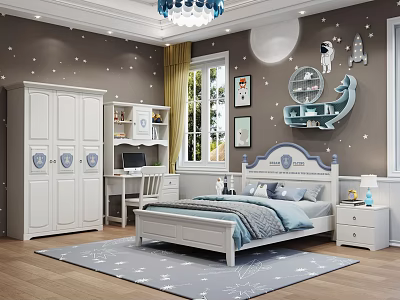 Kids Bed With White Frame Blue Accents Star Moon Wall Decor And White Wardrobe 3d model