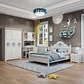 Kids Bed With White Frame Blue Accents Star Moon Wall Decor And White Wardrobe