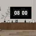 Modern Wooden TV Stand With Decorations Clock Vase And Floor Lamp By Striped Wall