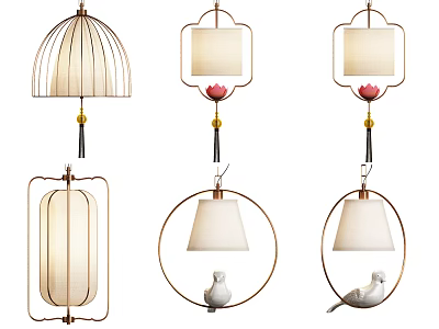 Oriental Style Chandeliers with Different Shapes White Lampshades and Lotus Bird Decorations 3d model