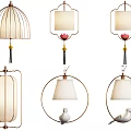 Oriental Style Chandeliers with Different Shapes White Lampshades and Lotus Bird Decorations