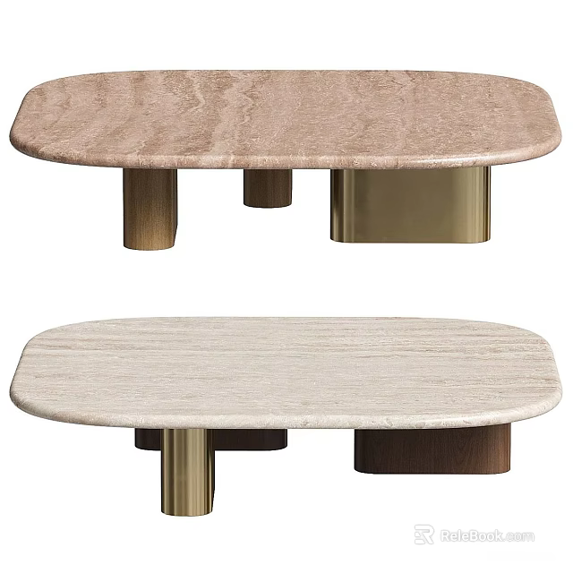 Modern Oval Coffee Table With Marble Top Brass And Wooden Legs In Light Dark 3d model 