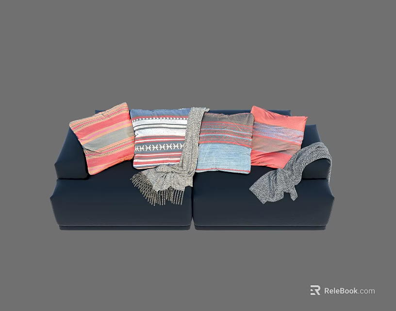 Dark Blue Two Seater Sofa With Colorful Patterned Cushions And Grey Knitted Throw 3d model 