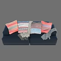 Dark Blue Two Seater Sofa With Colorful Patterned Cushions And Grey Knitted Throw