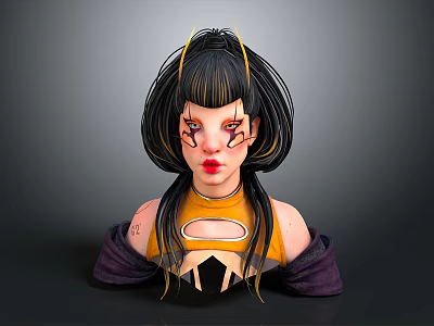 Game Movie Character With Long Black Hair Yellow Top Purple Sleeves And Red Facial Makeup 3d model
