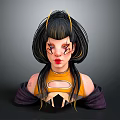 Game Movie Character With Long Black Hair Yellow Top Purple Sleeves And Red Facial Makeup